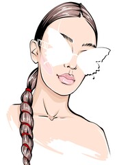 Hand-drawn fashion illustration of woman's face on white background. Beauty art of girl with natural makeup and fashion sunglasses.