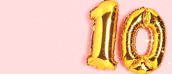 Banner with number 10 golden balloons with copy space. Ten years anniversary celebration concept on...