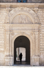 Portada y entrada con arco de medio punto y decoración grutesca estilo renacentista siglo XV en Valladolid, España