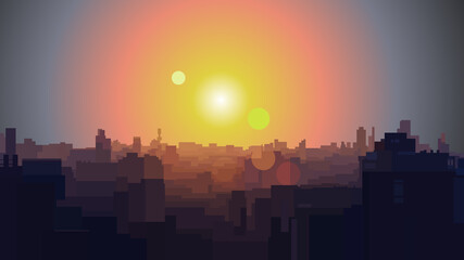 panoramic background of the silhouette city in the rays of the sun