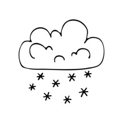 Fototapeta premium The weather is snowy cloudy with snow flakes. Vector doodle cloud. Hand drawn meteorological forecast symbols. Cold winter snowfall season. Thin line web design icon.