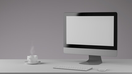 Blank screen on the desktop computer with a cup of coffee, mock-up, 3D Rendering