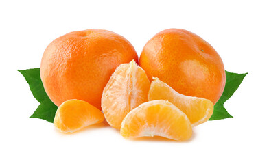 Tangerines with leaves isolated on a white background