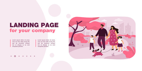 Happy cartoon family walking dog in park together. Flat vector illustration. Mother and dad characters spending time with children. Family, parenthood, weekend, nature, pet concept for banner design