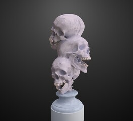 Abstract illustration from 3d rendering of a sculpture made of 3 merged white marble skulls isolated on background.