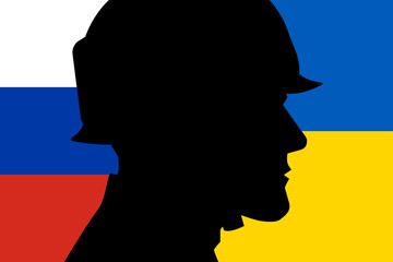 Conflict between Russia and Ukraine war concept. Russian and Ukrainian flag background.