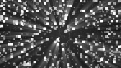 Abstract mosaic puzzle background. Texture of squares and lines. Design of technical interference. Maze. White noise. Pixels. Blue color. Glowing rays. Poster technology, social network, websites.