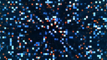 Abstract mosaic puzzle background. Texture of squares and lines. Design of technical interference. Maze. White noise. Pixels. Blue color. Glowing rays. Poster technology, social network, websites.