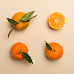 Flat lay with fresh mandarines on color background. Top view