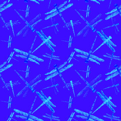 Watercolor handdrawn blue dragonflies in seamless pattern on bright blue background. Design for textile, covers, backgrounds and packaging. Psychedelic trendy illustration. Swarm of insects.