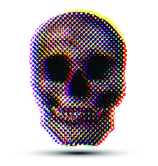 RGB halftone dot skull from 3D rendering vector illustration isolated on background.