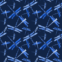 Watercolor handdrawn different color dragonflies in seamless pattern on very pery background. Design for textile, wallpaper, backgrounds and packaging. Bright Raster insects illustration.