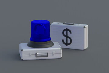 Bank accounts seizure concept. Tax offense. Investigation of offshore scandals. Tax avoidance. Legal, illegal income. Liability for money counterfeiting. Suitcase and police flasher. 3d render