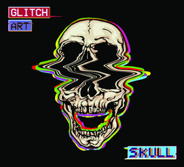 Vector GLITCH ART screaming skull illustration in the style of old TV and VHS and RGB mode corrupted graphics signal.