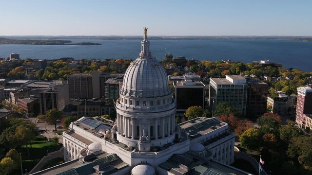 Wisconsin State Capitol Building Surrounded by Autumn Colors in Madison, Wisconsin (Drone - Left to Right)
