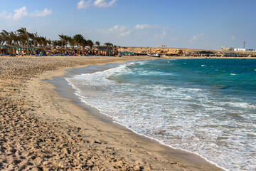 Sandy beach landscape of Abu Dabbab bay in southern Egypt on the Red Sea in wintertime