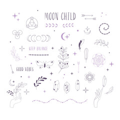 Boho Witch and Magic Collection with hand, crystal and symbols