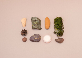 a jar of face care cream, dried moss, stones, tree bark, a Christmas tree cone lie on a light beige background, a cosmetology concept flat lay