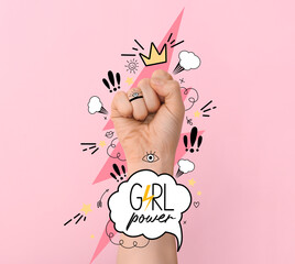 Hand of woman with clenched fist and text GIRL POWER on pink background. International Women's Day - obrazy, fototapety, plakaty