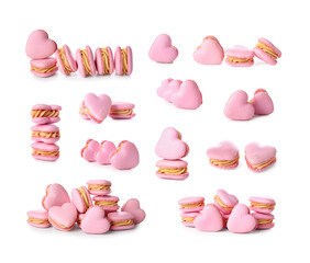Tasty heart-shaped macaroons on white background. Valentine's Day celebration
