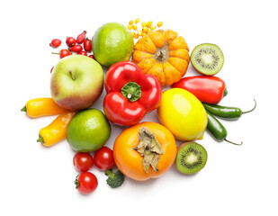 Different healthy products on white background