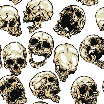 Skulls vector seamless pattern on white background. Hand drawn vector illustration in modern style tattoo.