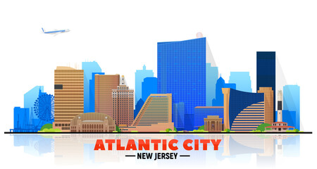 Naklejka premium Atlantic City (New Jersey) skyline at white background. Flat vector illustration. Business travel and tourism concept with modern buildings. Image for banner or website.