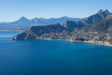 beautiful view of the blue Mediterranean sea and mountains near the coast in Calpe