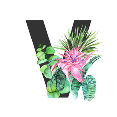 Letter V. Monogram decorated from exotic tropical Watercolor Flowers