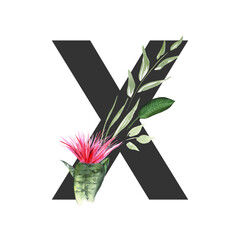 Letter X. Monogram decorated from exotic tropical Watercolor Flowers