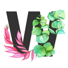 Letter W. Monogram decorated from exotic tropical Watercolor Flowers