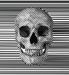 Continuous horizontal line halftone skull from 3D rendering. Black and white vector illustration. - obrazy, fototapety, plakaty