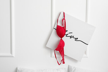 Female bra hanging on picture in bedroom after romantic date