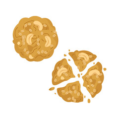 A set of freehand drawings of oatmeal cookies with cashew nut pieces. Bitten cookie for dessert illustration for kids in cartoon style. Vector clipart for baking isolate. cookie icon