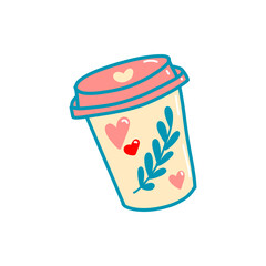 Vector illustration, coffee cup with hearts in doodle style, 80s style, Valentine's day, isolated element. Romantic illustration for postcards, posters, stickers, print on clothes.