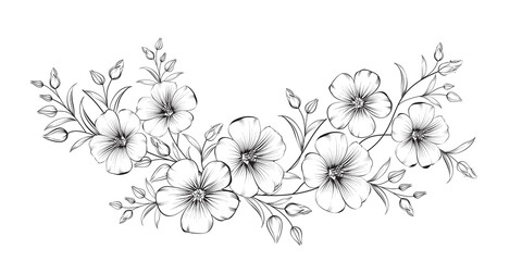Vector drawing of a frame from linen flowers on a black and white background. - 481866783
