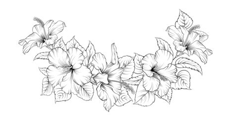 Vector drawing of a frame from hibiscus branches on a black and white background. Tropical flower. © Kotkoa