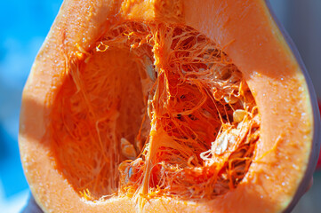 Cut pumpkin of bright orange color, core with seeds and fibers, close-up with soft focus