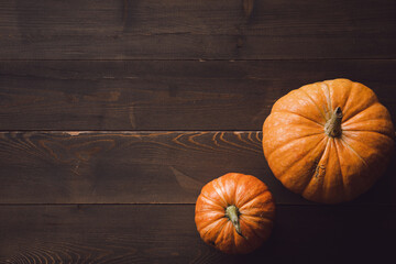 Two pumpkins on a brown wood. Flatlay. Copy space.