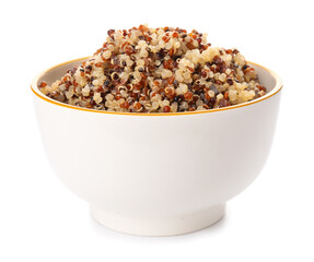 Bowl of boiled quinoa on white background