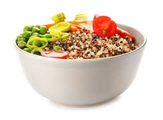 Healthy quinoa bowl with vegetables on white background