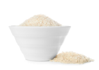 Bowl of raw rice isolated on white