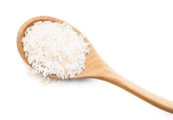 Fototapeta na wymiar Spoon with raw rice isolated on white