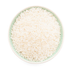 Bowl of raw rice isolated on white