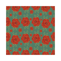 Pattern wallpaper with bright red poppies on teal colored background