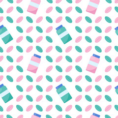 Medical seamless pattern. Pharmacy concept. Green and pink pills on white background. Vector flat illustration