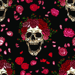 Seamless vector pattern of screaming skulls with red roses wreath with buds on head and falling pink roses and petals on black background. Hand drawn illustration in tattoo style.
