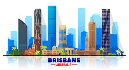 Brisbane Australia skyline with panorama on sky background. Vector Illustration. Business travel and tourism concept with modern buildings. Image for banner or website - obrazy, fototapety, plakaty