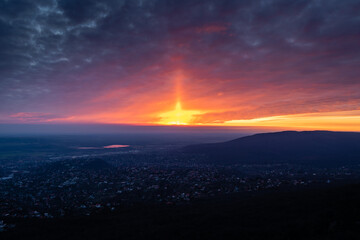 Aerial view panorama of hungarian city of Pecs during dramatic sunset