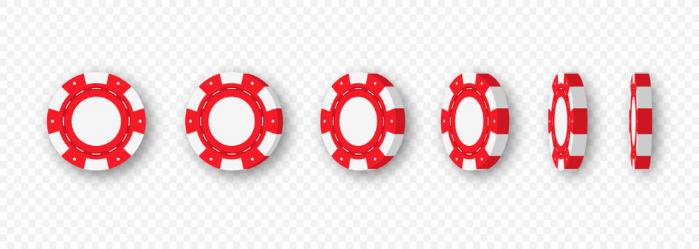 Gambling casino chips. Casino token 3d animation. Spinning poker chips and coins isolated on transparent background. Collection of red casino chips for gambling, poker, roulette. Vector